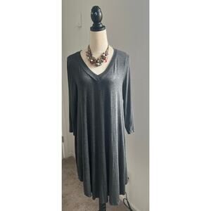 KLD Signature Gray Scoop‎ Neck Long Sleeved MIDI Lightweight Swing Dress Sz L